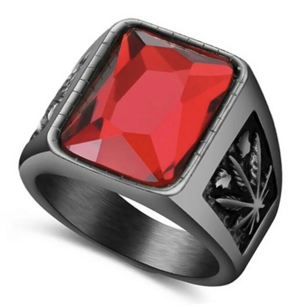 

Cool Black Red Ruby CZ Stone Stainless Steel Ring For Men Size 7-14