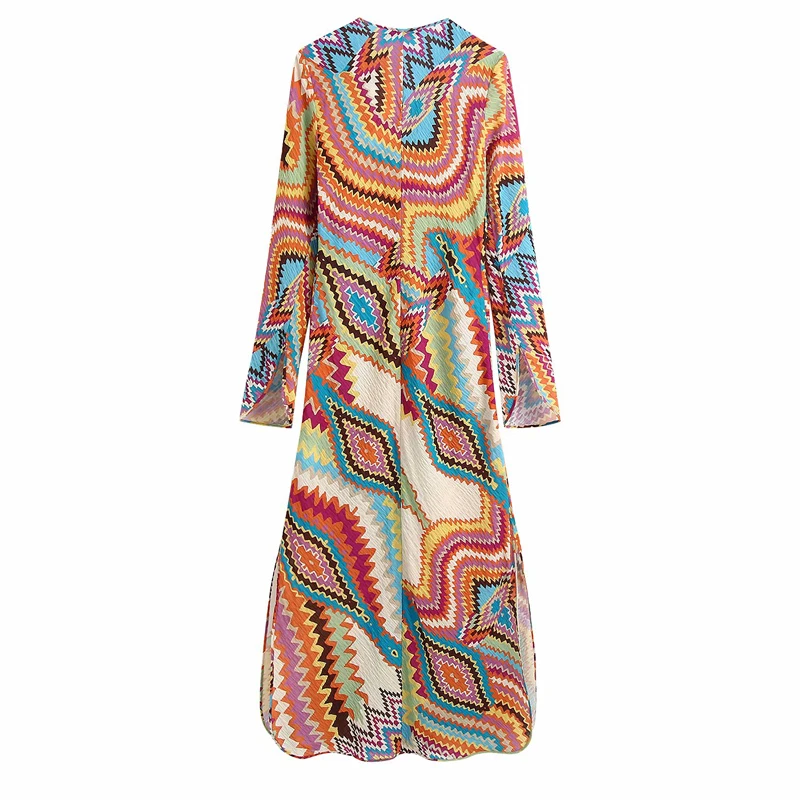 

Spring and Autumn Women's Casual Printed V-neck Long Sleeve Bow Slim Dress