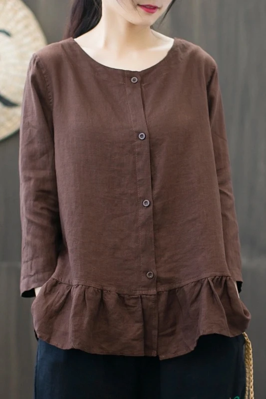 

Cotton Linen Ruffled Shirt Women 2021 Spring Loose Large Size Shirt Pure Color Linen Women Tops Button Up Shirt