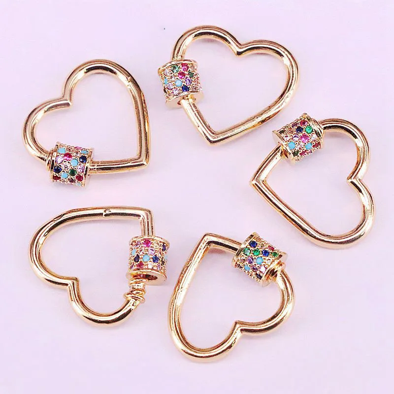 4Pcs Gold Color CZ Micro Pave Heart Shaped Lock Carabiner, Pave Lock Crystal Zirconia Clasp Jewelry Findings