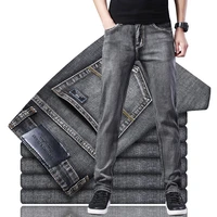 2022 new men stretch regular fit jeans business casual classic style fashion denim trousers male black blue gray pants