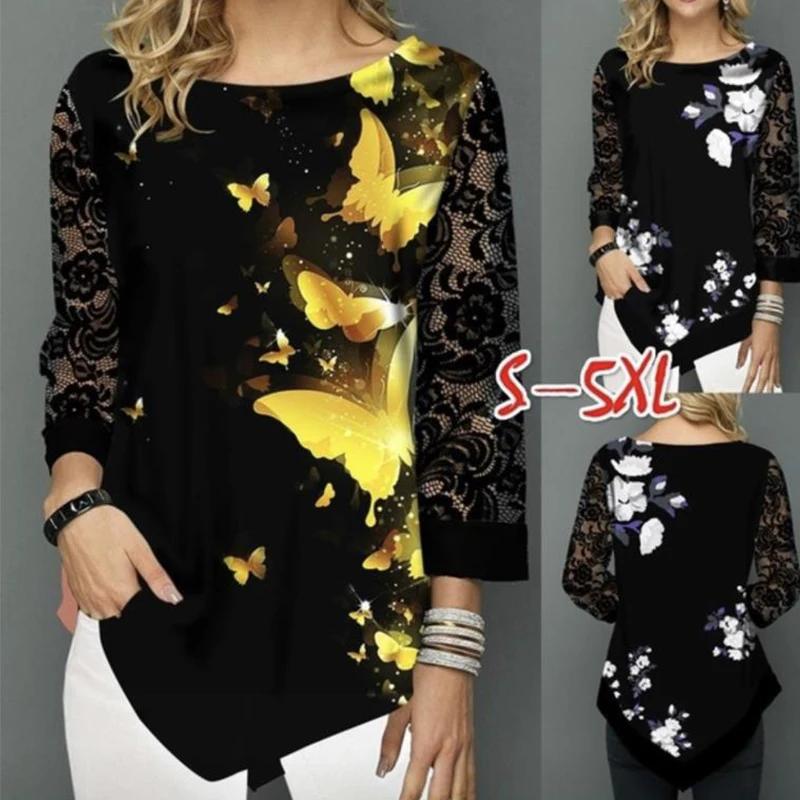 

Lace Sleeve Women's T-shirt 2020 European and American Fashion New Butterfly Floral Print O-Neck Loose Top