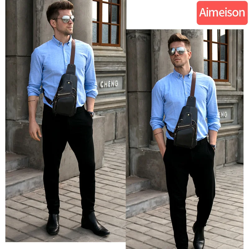 Aimeison Men Genuine Leather Cowhide Vintage Sling Chest Back Day Pack Travel Fashion Cross Body Messenger Shoulder Bag