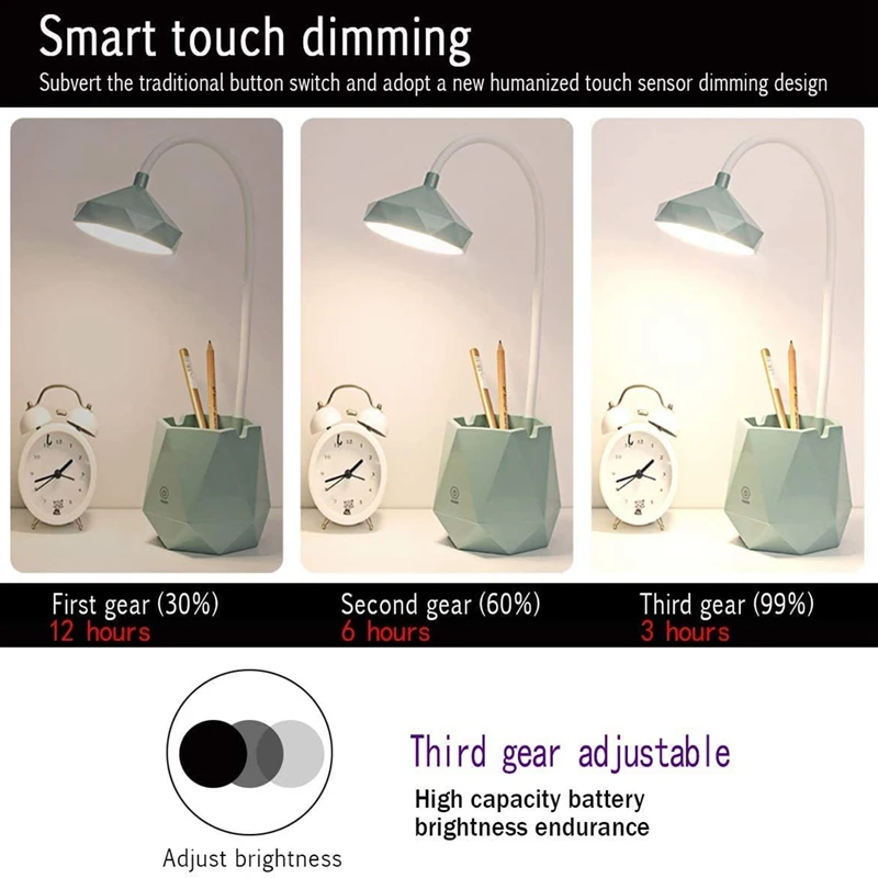 

LED Table Lamp, Eye-Caring Light Press Control 3 Level Dimmer USB Portable Charging Port with Pencil Holder for Office