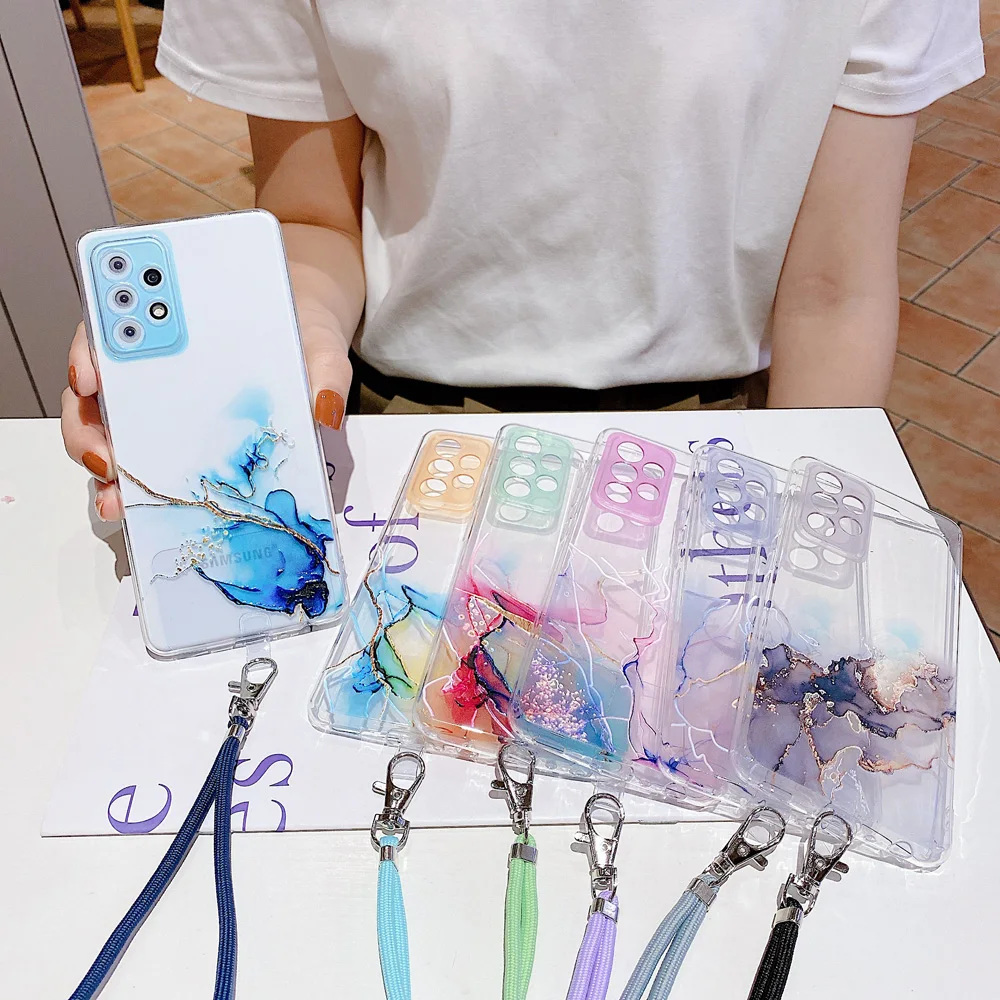 

Clear Watercolor With Lanyard Silicone Case for Samsung S30 Plus Ultra A02 A02S A12 A32 A52 A72 A22 5G A82 S21 FE Soft Cover