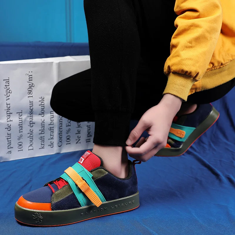 Кроссовки мужские на платформе дышащие сникерсы с цветной пряжкой микрофибра