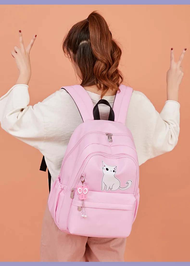 Школьный рюкзак для девочек вместительная сумка на плечо с рисунком кота