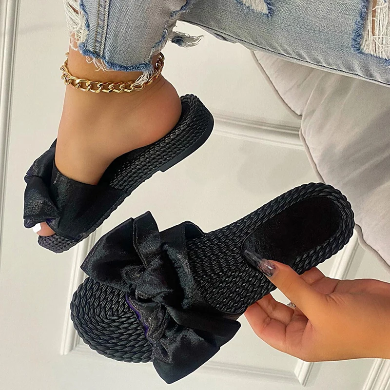 

Women Designer Platform Slippers 2021 Summer Woman Bowtie Slides Women's Comfort Flats Ladies Casual Thick Bottom Footwear Femal