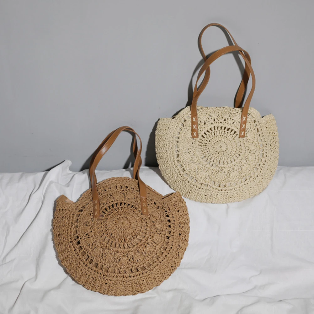 

Women Shoulder Bags Soft Straw Fashion Soft Round Shape Bag Tote Ladies Solid Chic Designed Handbags for Shopping