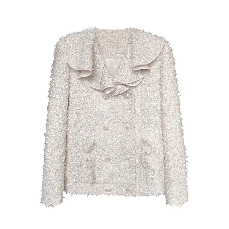 

Classic autumn and winter French temperament lotus leaf collar slim slimming double-breasted tweed jacket women