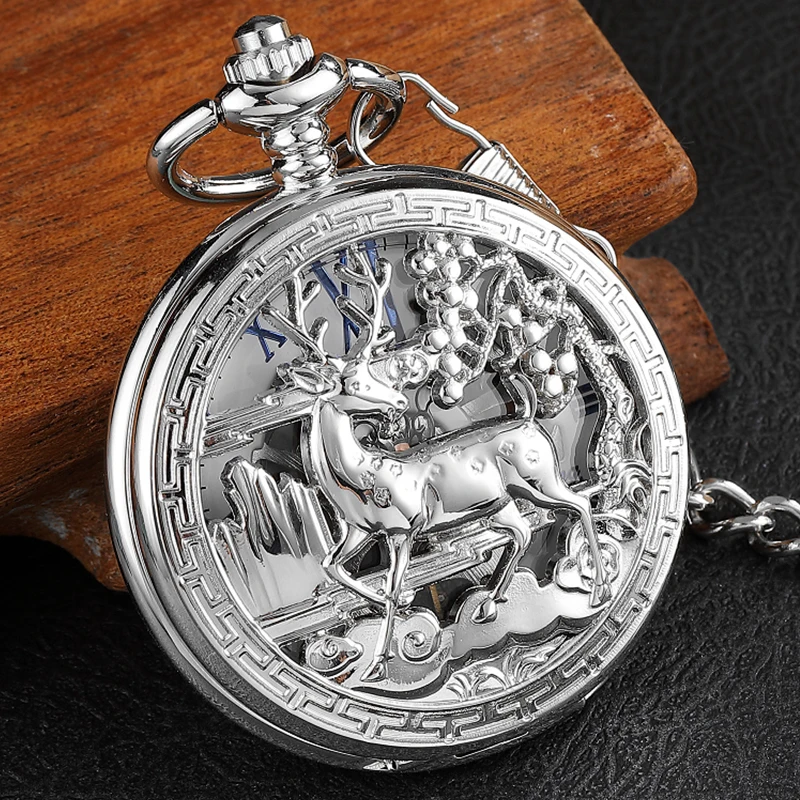 Deer Pattern Mechanical Pocket Watch Skeleton Vintage Antique Sliver Hollow Animal Engraved Male Fob Chain Clock for Men Women