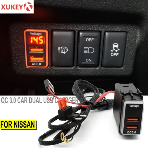 Автомобильное зарядное устройство с двумя USB-портами, QC 3,0, 12 В, кабель для Nissan, адаптер питания, светодиодный дисплей, аксессуары - изображение