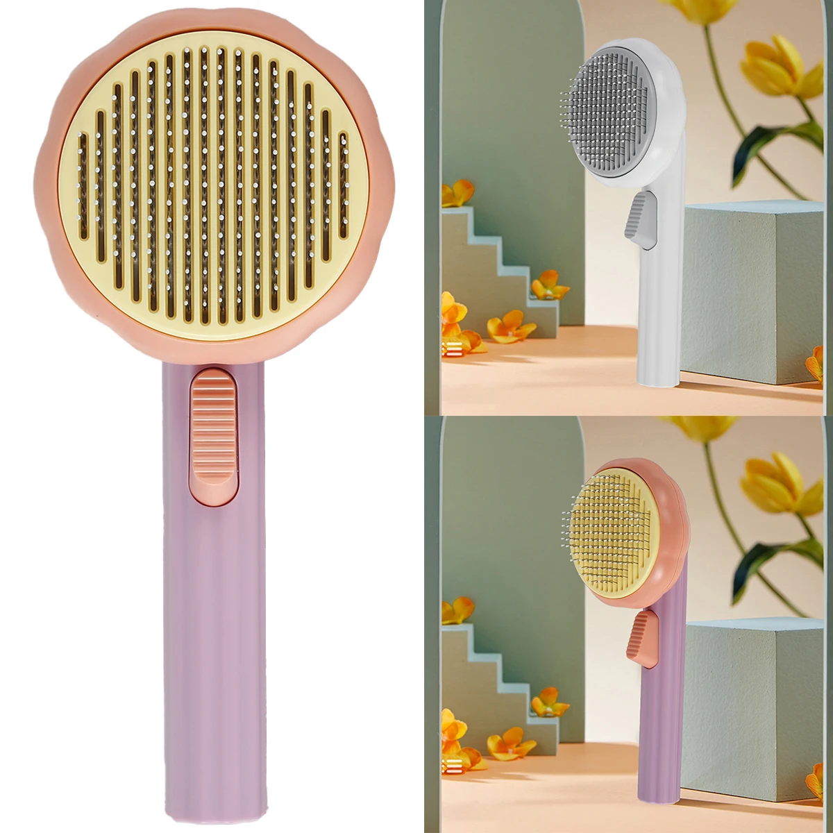 

Многофункциональная щетка для домашних животных с нескользящей ручкой, самоочищающаяся щетка для собак и кошек с чистящей кнопкой, бриллиа...