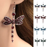 1pc dangle earrings tassel dragonfly shaped rhinestone inlaid retro alloy hook earrings jewelry