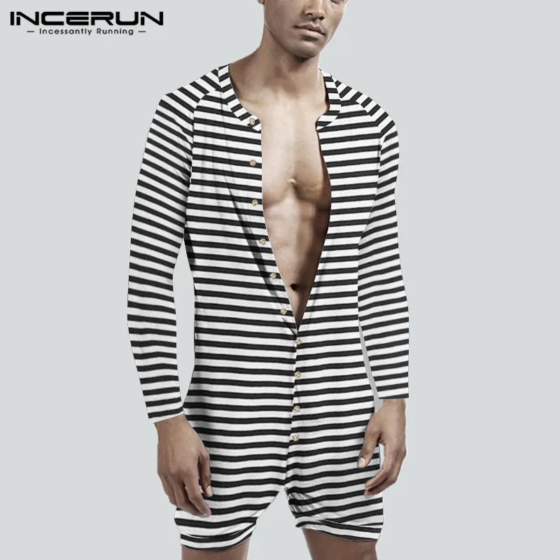 

2022 Fashion Long Sleeve O Neck Pajamas Jumpsuit Men Striped Romper Sleepwear Fitness Onesies Man Homewear Onesies INCERUN S-5XL