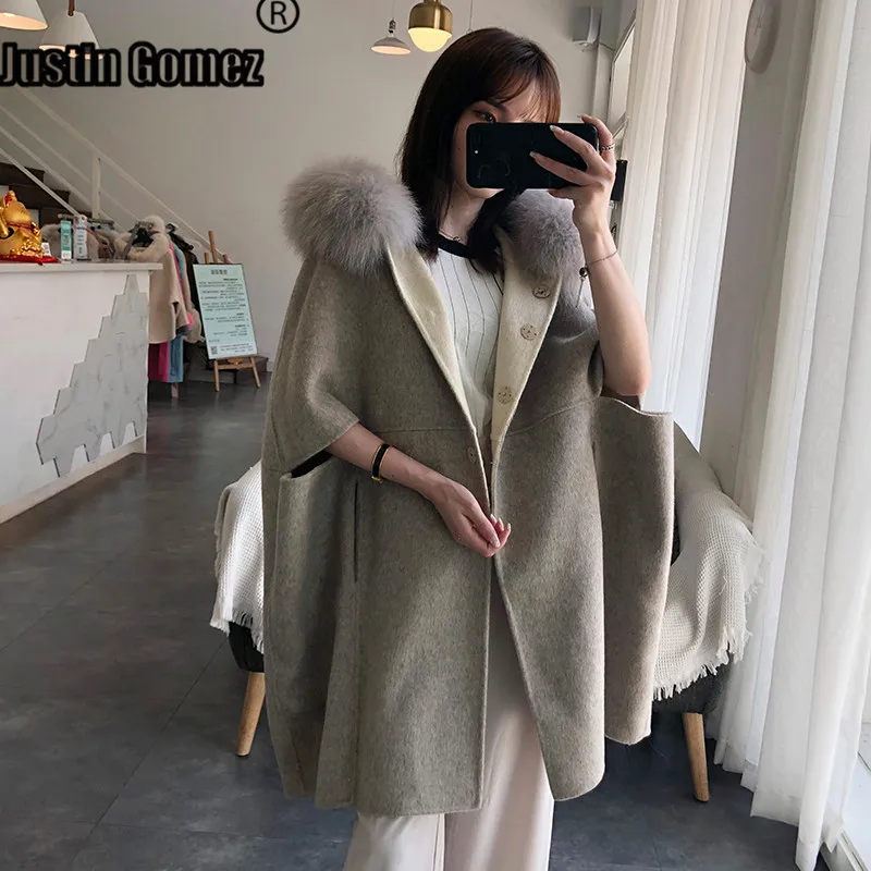 

Пальто женское Шерстяное с капюшоном и воротником из натурального Лисьего меха