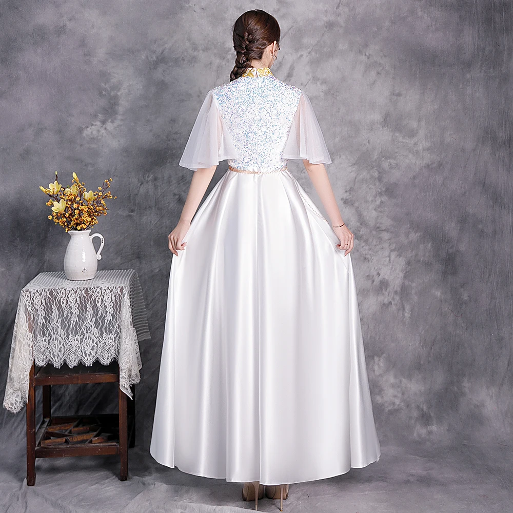

Noble White Evening Dress Bling Sequins Banquet Dress Temperament Party Dress Elegant A-line Stage Show Dress Plus Size 3XL