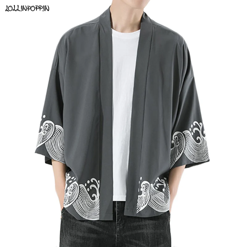 

Japan Style Sea Wave Printed Men Summer Kimono Jacket Open Placket 2021 New Stand Collar Half Sleeve Loose Haori Thin Coat