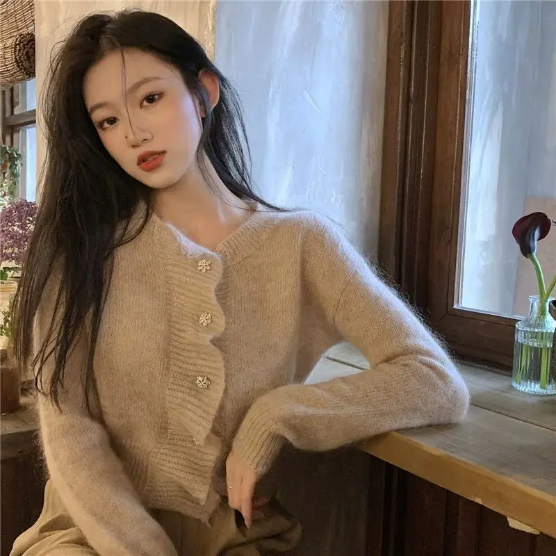 

Women Elegant Chic Solid Red Sweaters Fall Lovely Students Ins Feminino Tender Simple Ladies Holiday Cropped Cardigans Knitwear