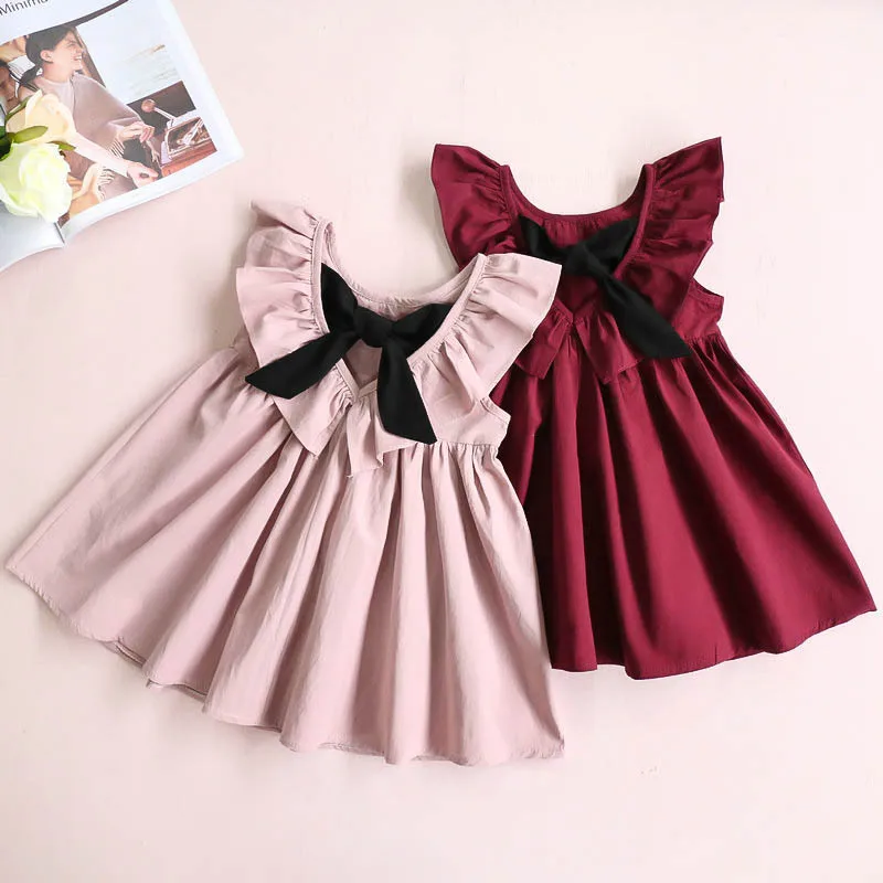 

Clearance Sales New Wine Pink Baby Girl Dress Boys T-shirts Children Clothes Backless Kids Summer Girls Dress with Bow Dress