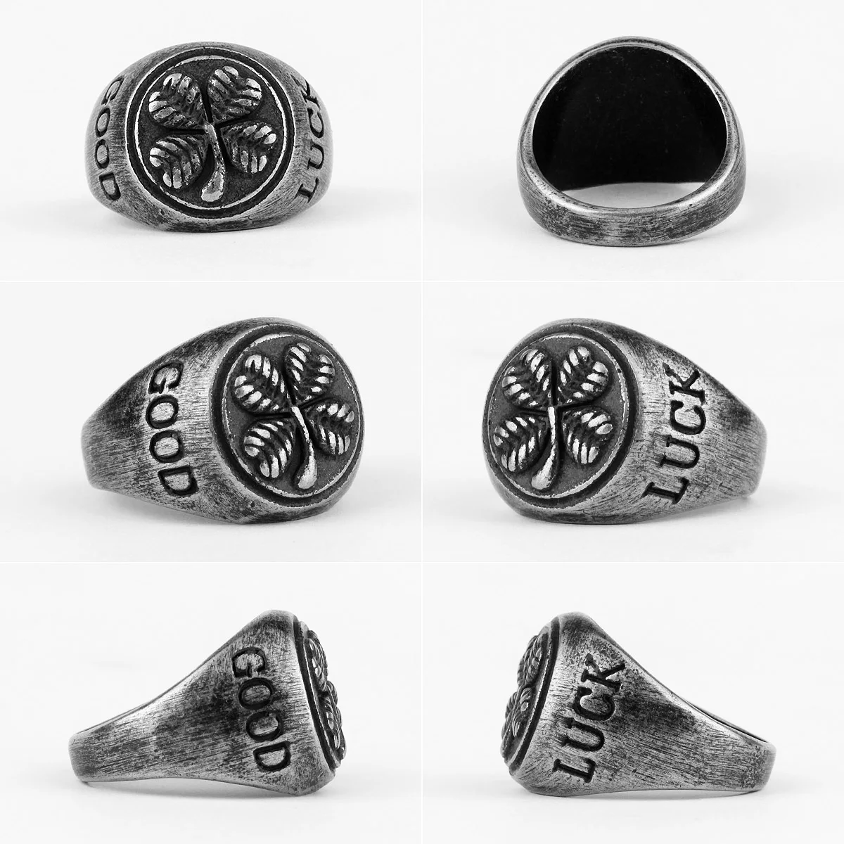 Фото Good Luck Four Leaf Clover Retro Old Black Stainless Steel Mens Rings for Women Male Boy Biker Jewelry Creativity Gift Wholesale №5
