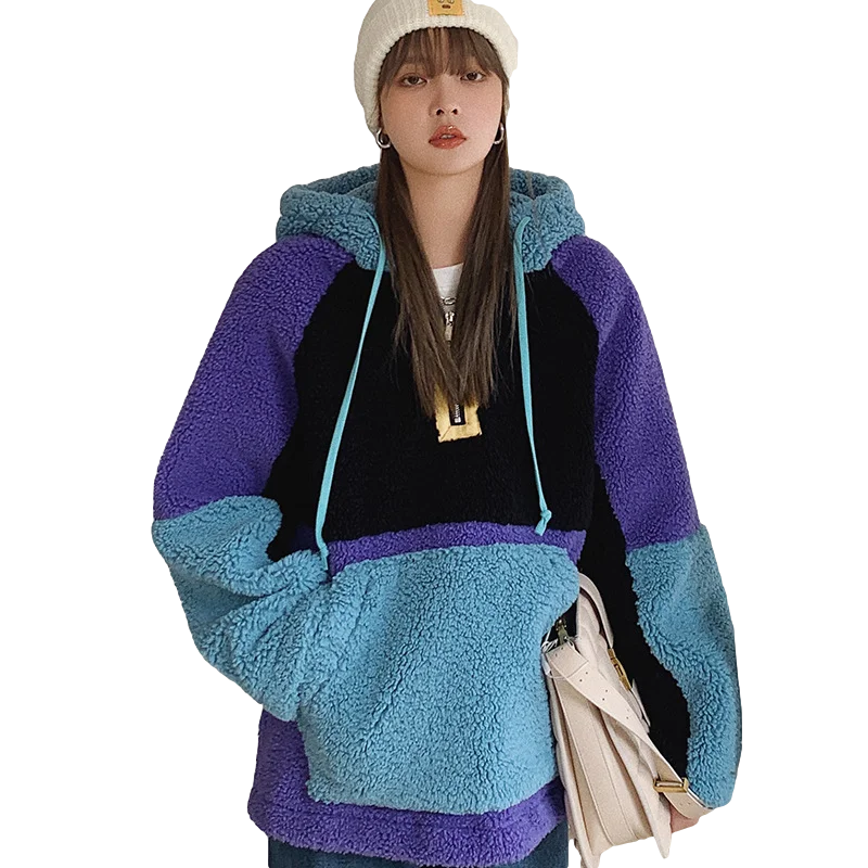 

LANMREM 2021 Autumn Hooded Collar Contrast Color Soft Sweatshirt For Women Fashion Thickened Warm Pullover Top2A2395