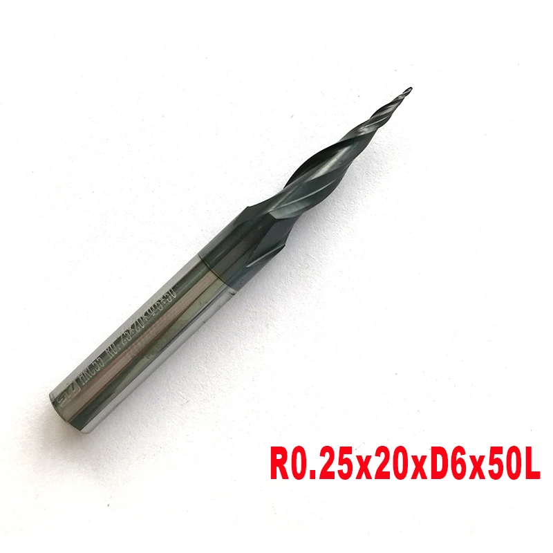 

R0.25*D6*20*50L*2F HRC55 Tungsten Solid Carbide Taper Ball Nose End Mill Cone Milling Cutter CNC Router Bit Wood Tools