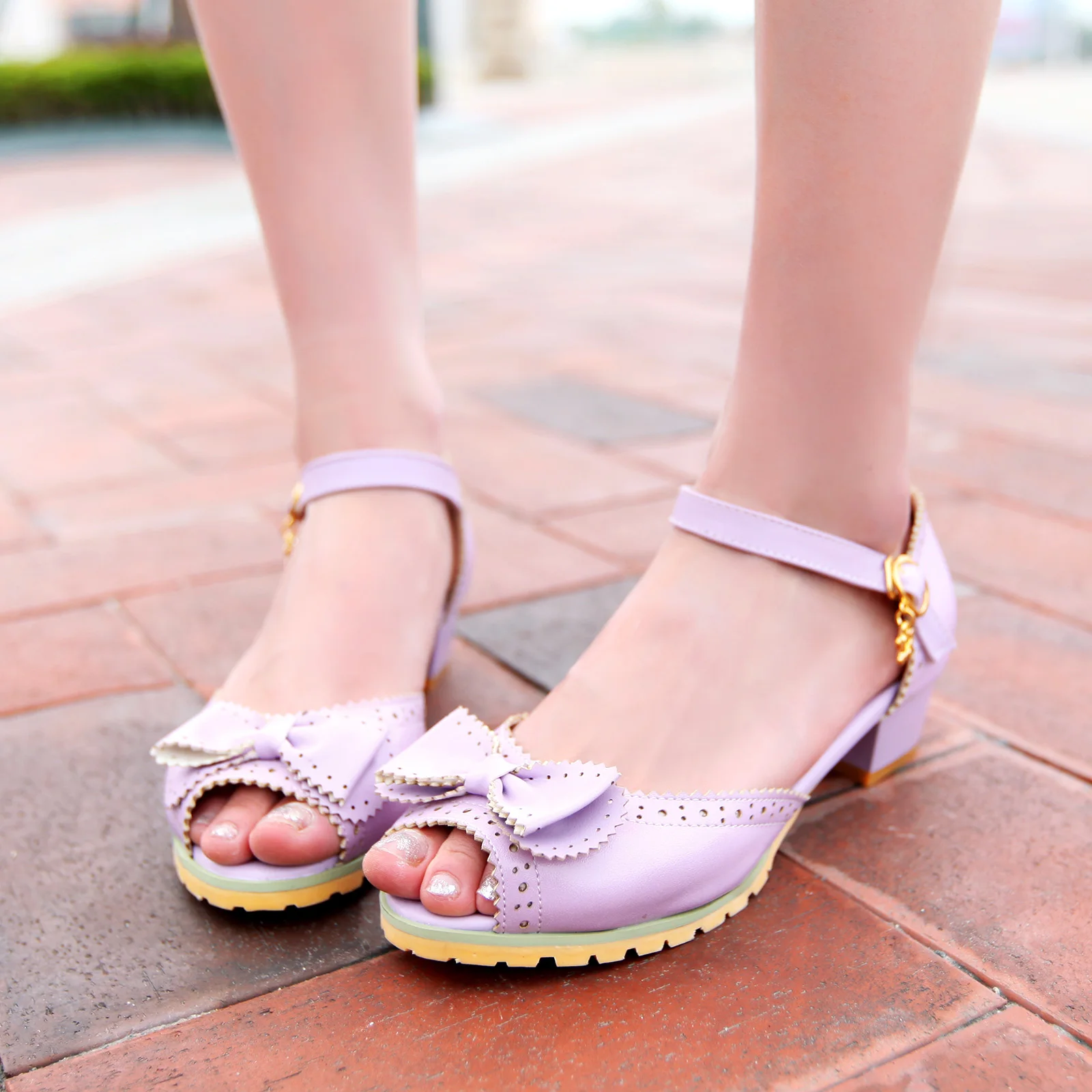 

Bow sandals sweet princess chunky heels flower girl buckled summer shoes