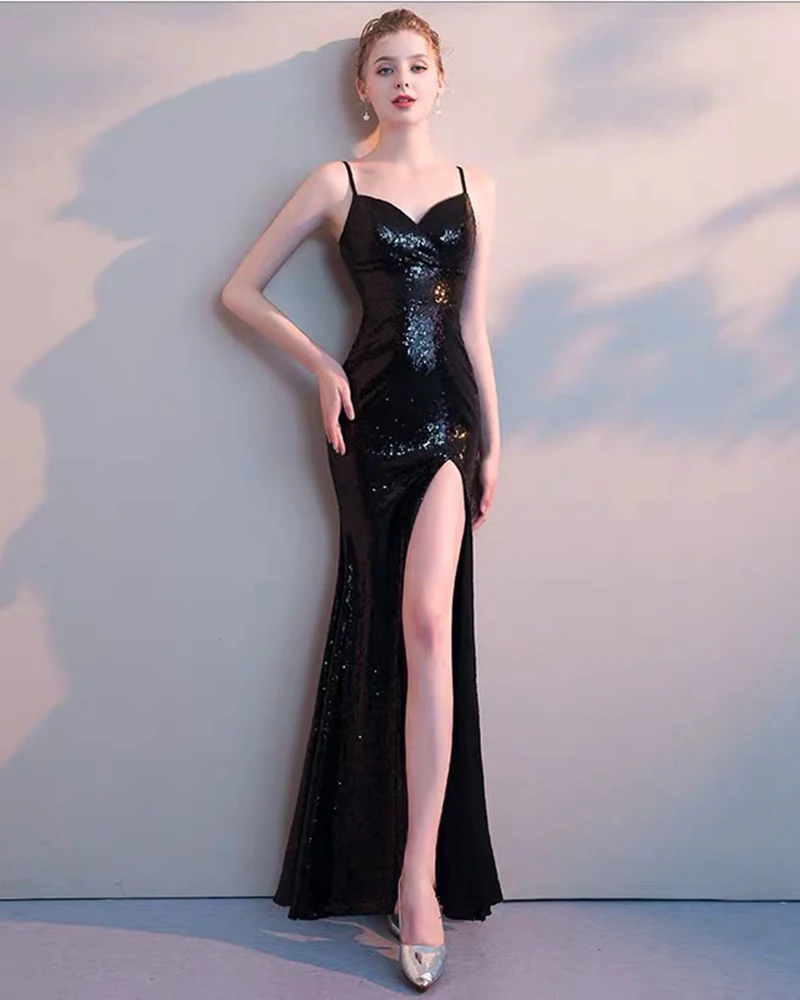

2021 evening dress European and American new long elegant slim sexy sling split party dress 4119