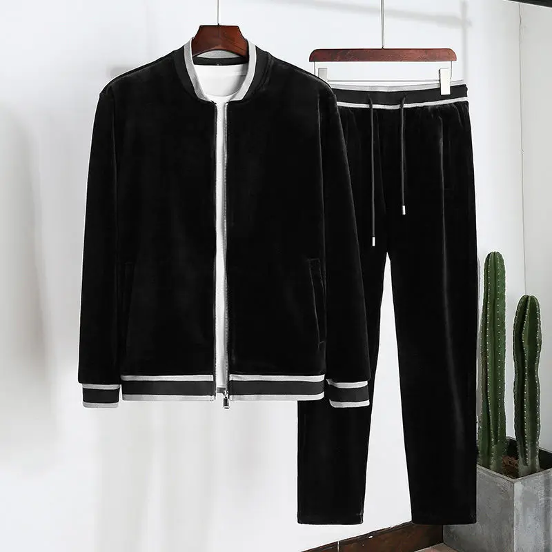 

Spring and Autumn New Thickened Pleuche Suit Men's Middle-Aged Fashion Simple Casual Sports Jacket Two-Piece Suit