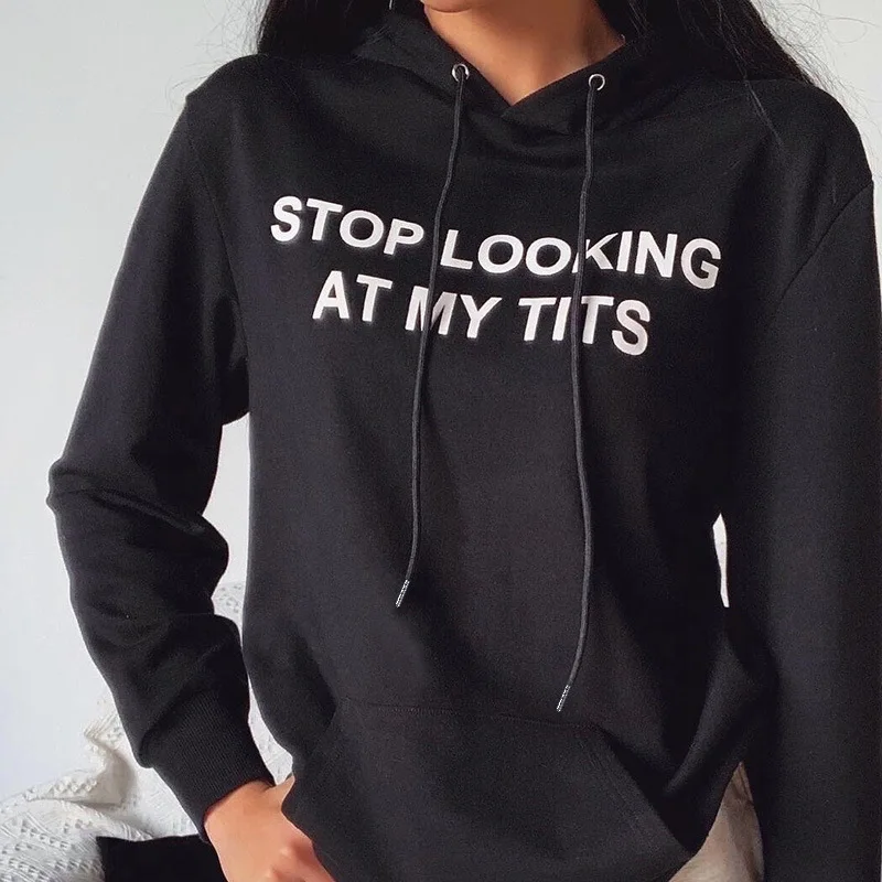 

Paris Girl Print Hooded Women Spring Summer Stop Looking at My Tits Personality Hooded Loose Women