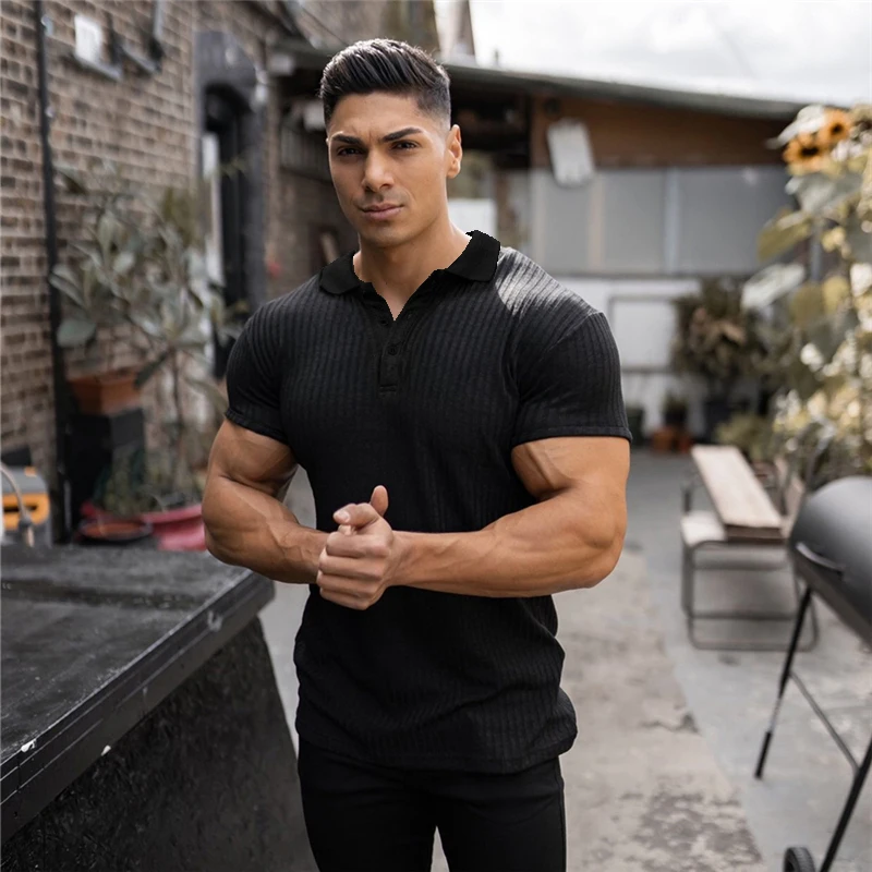 

Male Bodybuilding Tee Shirt Gym Knitted Polo Sports Polos Shirt Men Fitness Workout Skinny Short Sleeve T-shirt Summer Clothing