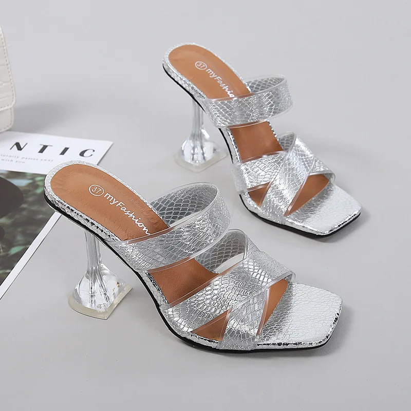

Cross-Border European and American 2021 New Fashion Banquet Open Toe Sandals Outdoor Slippers Stiletto Heel Large Size Shoes