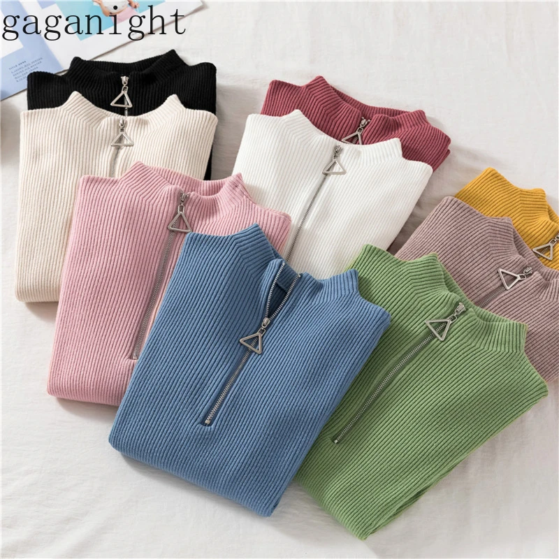 Gaganight Casual Sweater Women Autumn Winter Basic Zipper Pullover Solid Soft Knit Slim Pullovers Chic Long Sleeve Warm Jumper | Женская