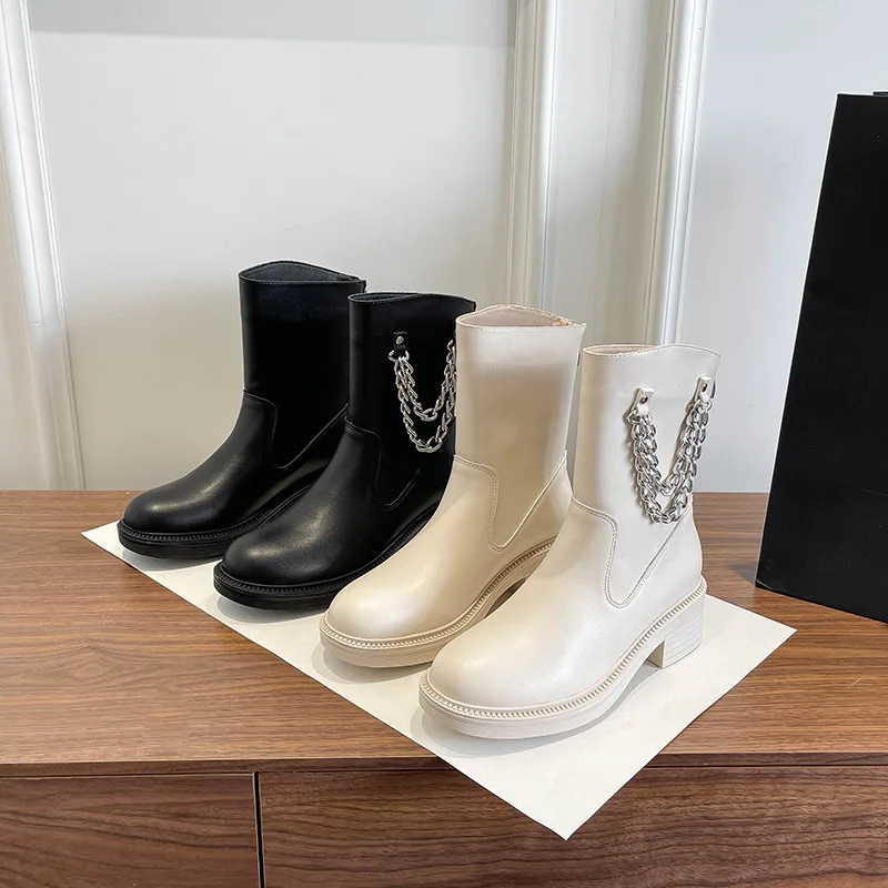

Retro black all-match women's boots were thin chain knight boots new thick with Martin boots wear-resistant women's boots
