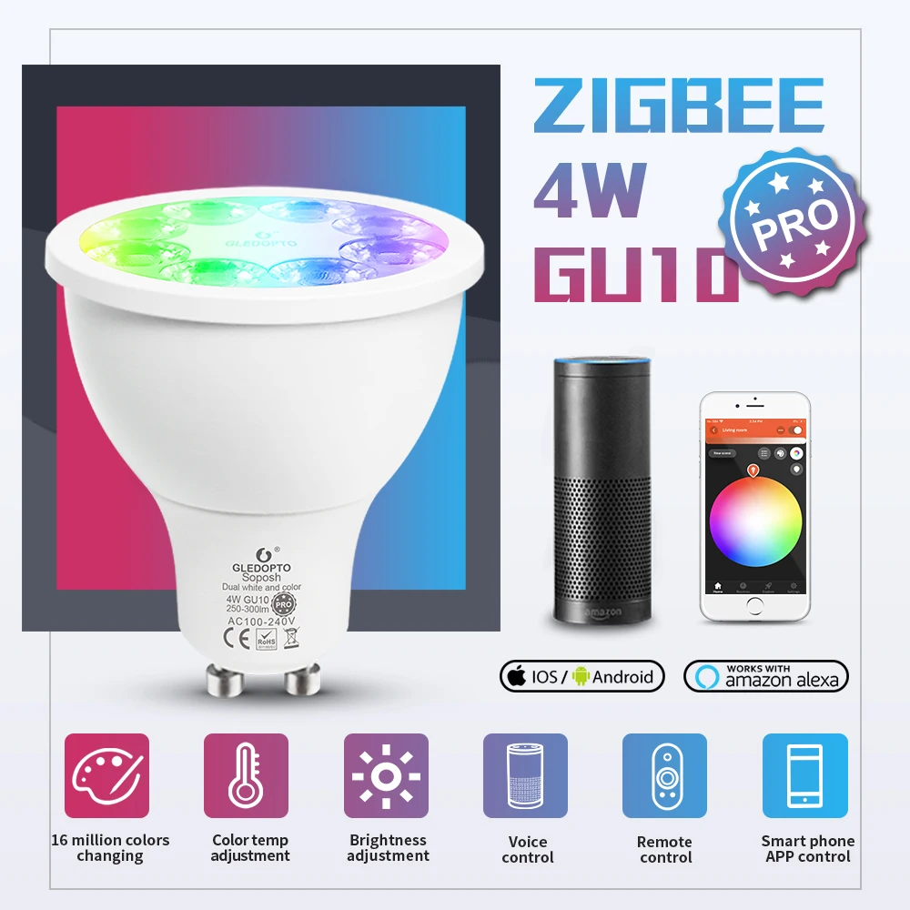 

GLEDOPTO ZigBee 3.0 Smart GU10 Spotlight 4W Pro RGBCCT Led Bulb 25 Degree Beam Angle Work with Alexa Echo Plus App/Voice/RF