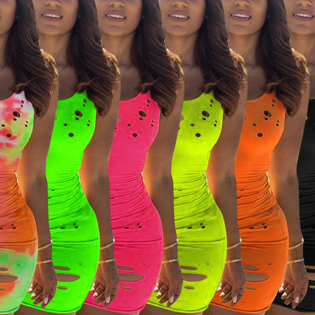 

Hollow Out Holes Dress 2020 Sexy Women Summer Tie Dyeing Print Bodycon Mini Dress Beach Clubwear Sleeveless Short Pencil Dress