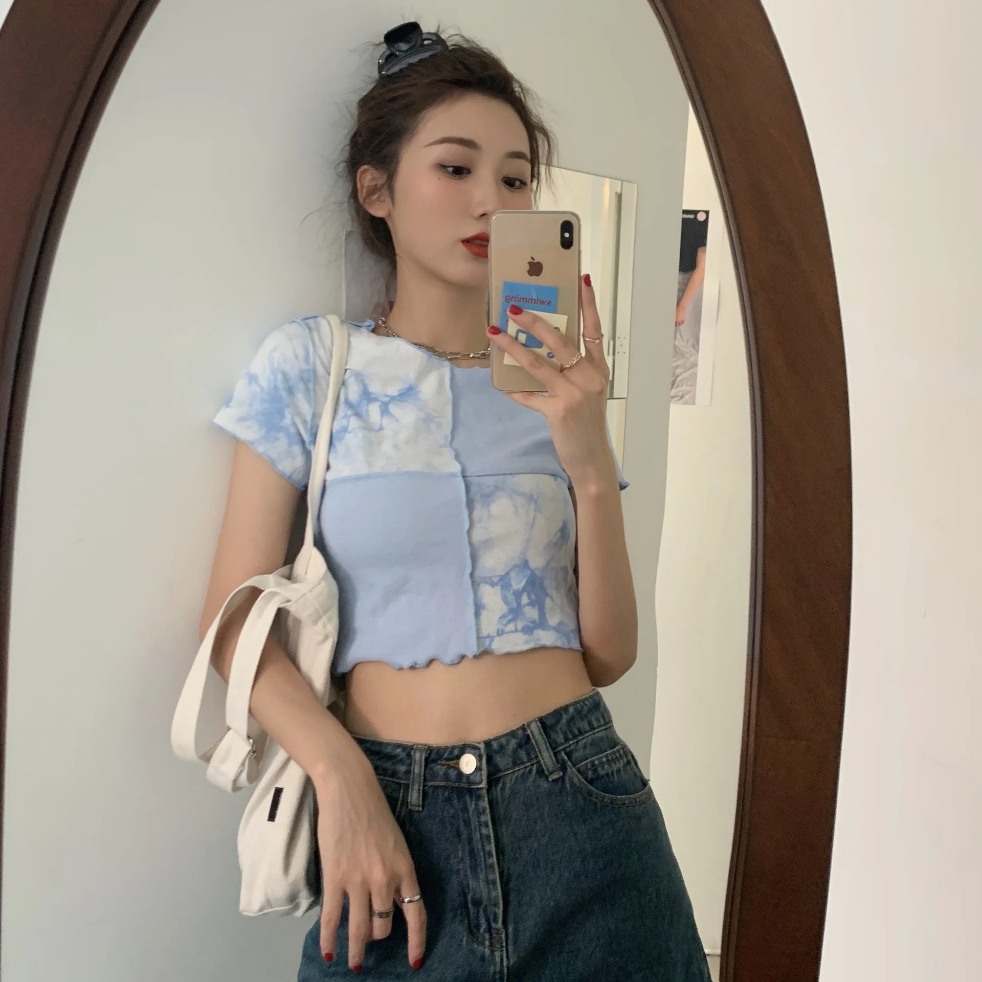 

Summer tie-dye stitching round neck short-sleeved t-shirt women