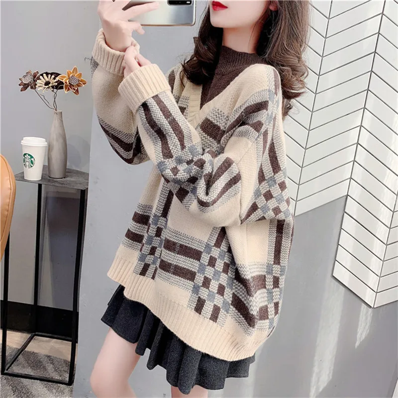 

2022 Winter Thick Half High Collar Fake Two Piece Plaid Knitted Sweater Women Jumpers Ladies Loose Vintage Knitting Tops Female