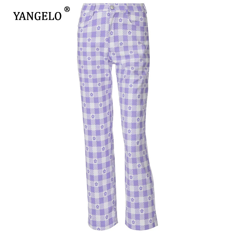 

Yangelo Street Purple Floral Plaid Pants Women Autumn Winter Loose Casual Fashion Buttons High Waist Trousers Y2k Girl Pants