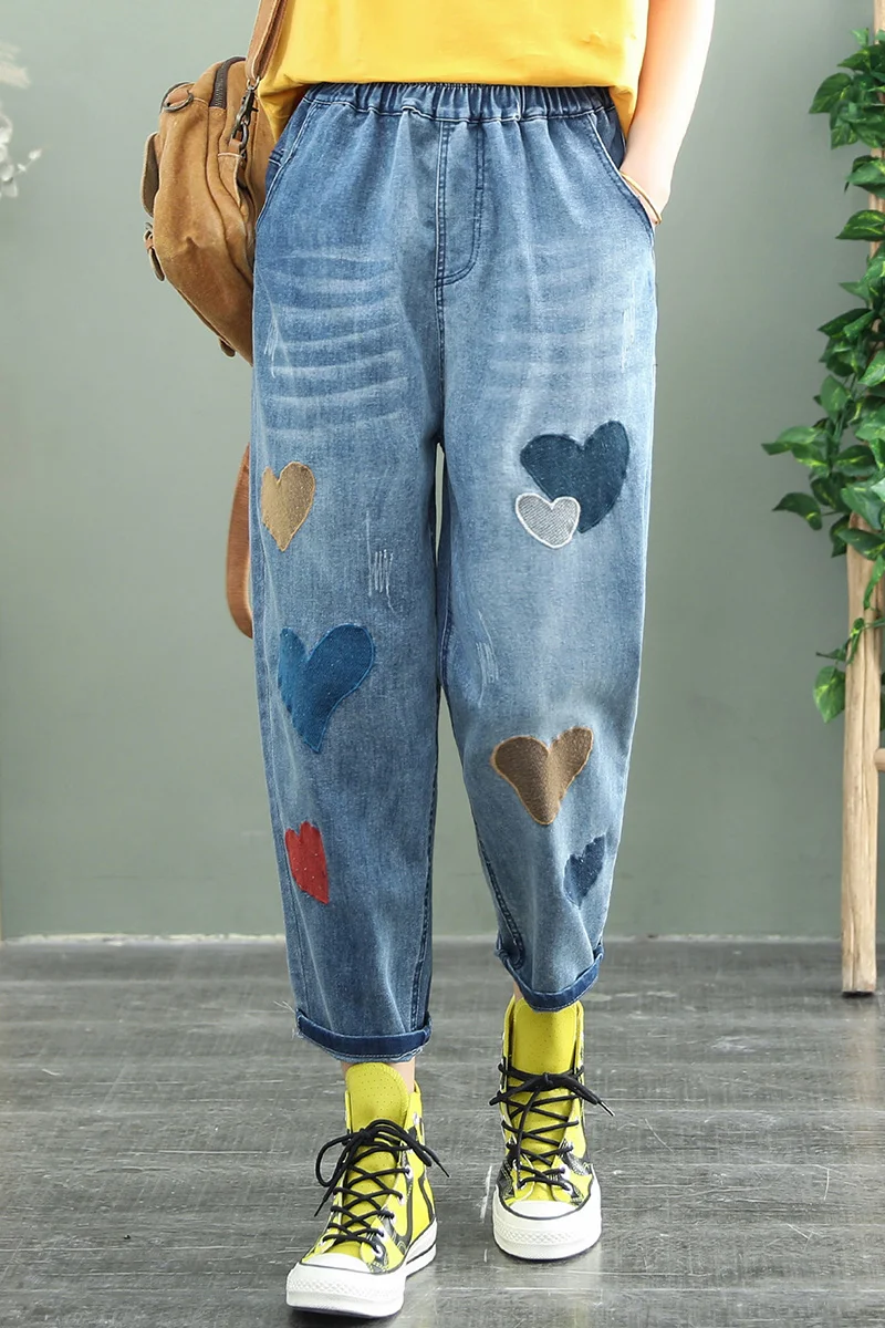 

2021 Spring New Cotton Embroidered Retro Harem Jeans Women's Elastic Waist Stretch Casual Plus Size Baggy Pants Mom