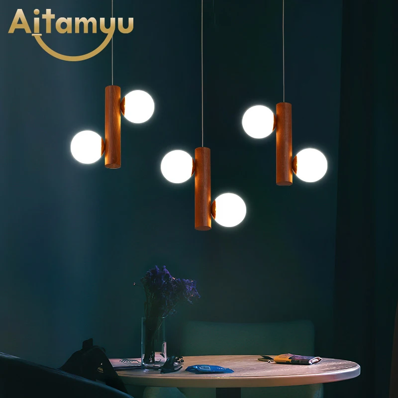 Скандинавский длинный Трубчатый Деревянный подвесной светильник со стеклянными