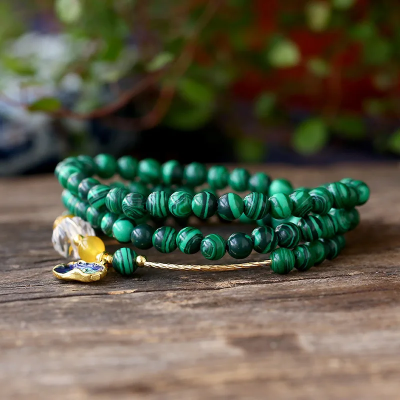 Натуральный малахит камень бисером браслеты с эмалью женщин 6 мм Шарм Кристалл