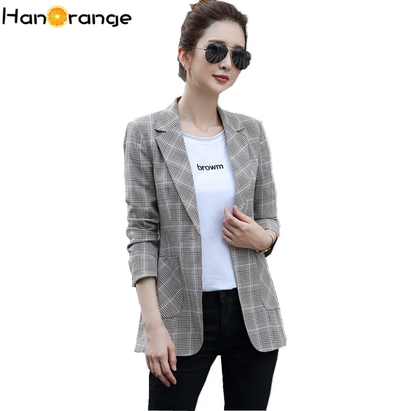 HanOrange осень 2020 с длинным рукавом шикарный женский клетчатый пиджак на одной