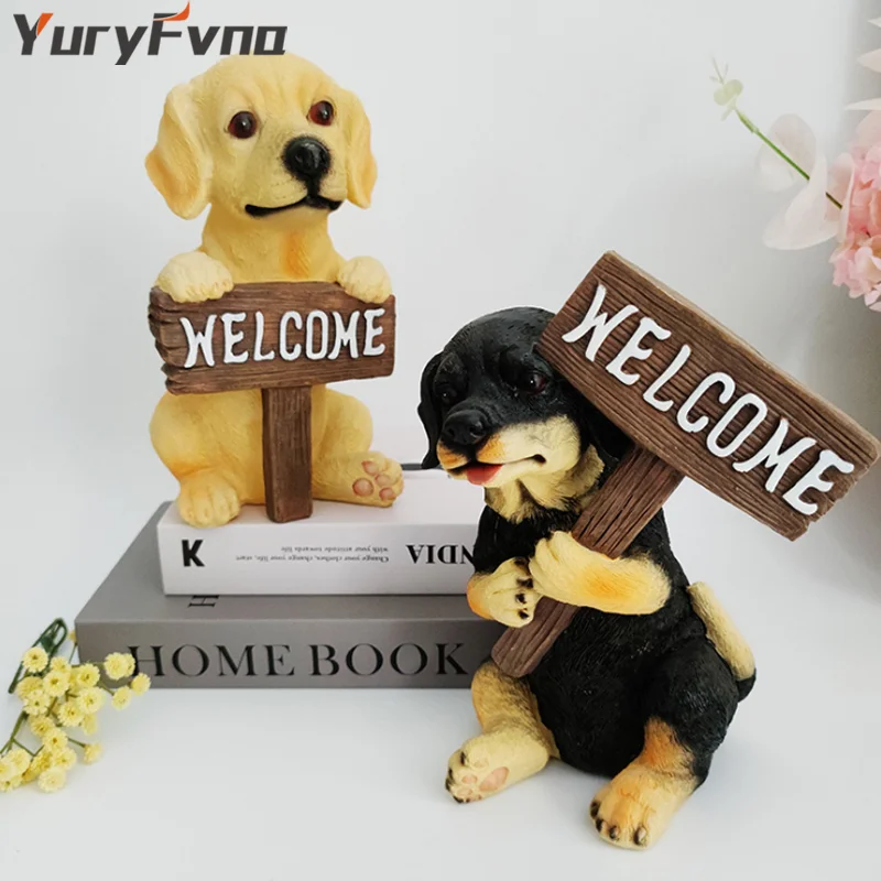 

YuryFvna Simulation Resin Animal Figurines Home Garden Decoration Welcome Dog Puppy Statue Crafts Home Indoor Decoration