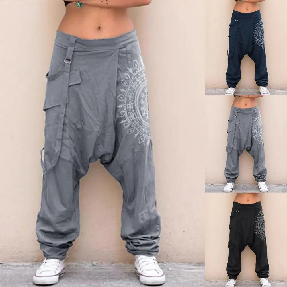 

Men's Casual Elastic Waist Baggy Trousers Long Pants Harem Boho Low Rise Drop Crotch Retro Loose Print Trouser Men Clothing 2021