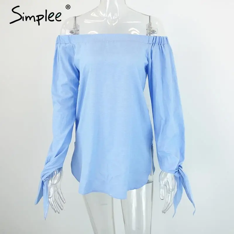 Женская голубая блузка Simplee с бантом женская летняя белая открытыми плечами