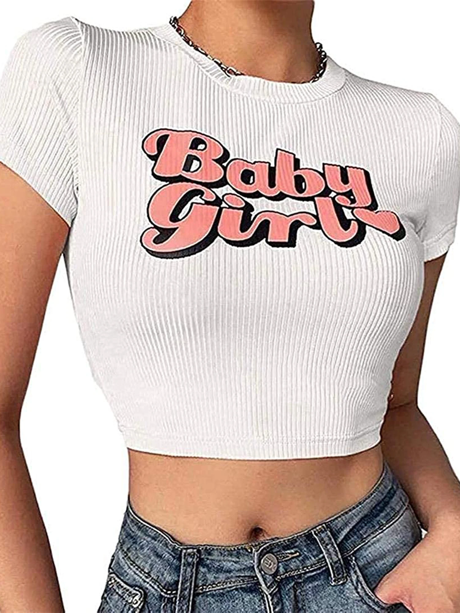 

New Sexy Woman Girls Short Sleeve Crew Neck Letter Print High Street Short T-shirt Slim Tee Tops Women Summer Clothes