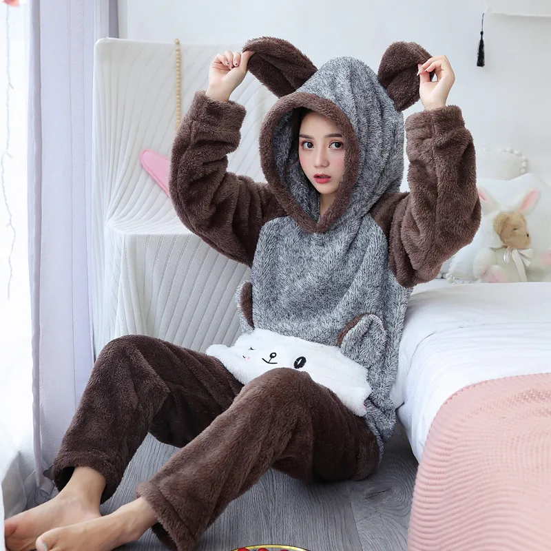 

2021 Autumn And Winter Plush Thickened Long Sleeve Cartoon Sweet Lovely Home Pajama Lady Warm Coral Wool Suit