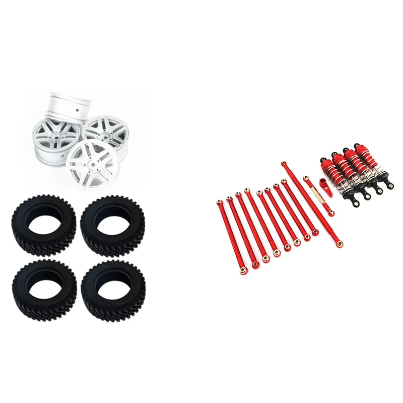 

Wheel Rim Hub Rubber Tire Tyre Set,Silver with Metal Pull Rod Steering Link Rod Shock Absorber Set 1/12 RC Car Parts,Red